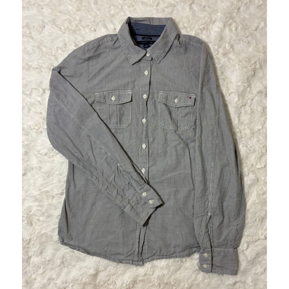 Tommy Hilfiger Womens Classic Fit Striped Button Down Shirt Blue White Small